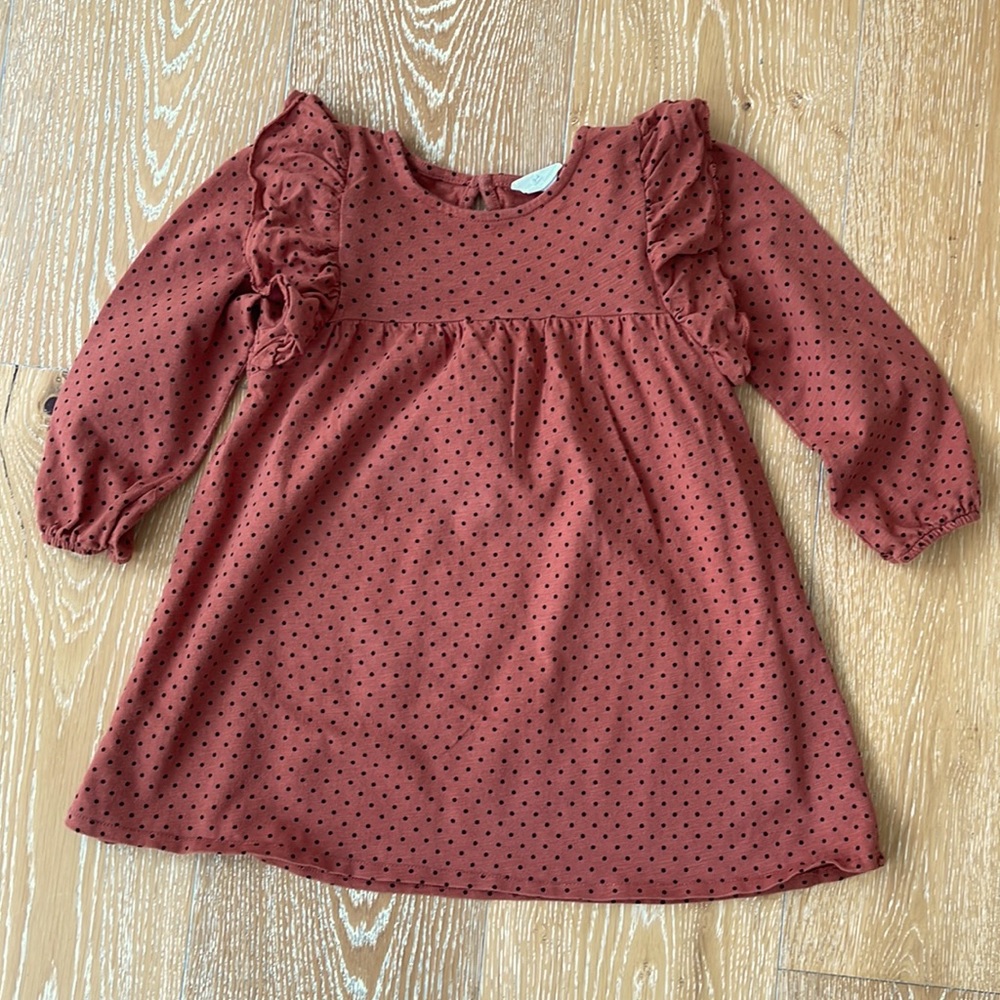 Zara 4-5 girls dress in rust with black polka dots. EUC